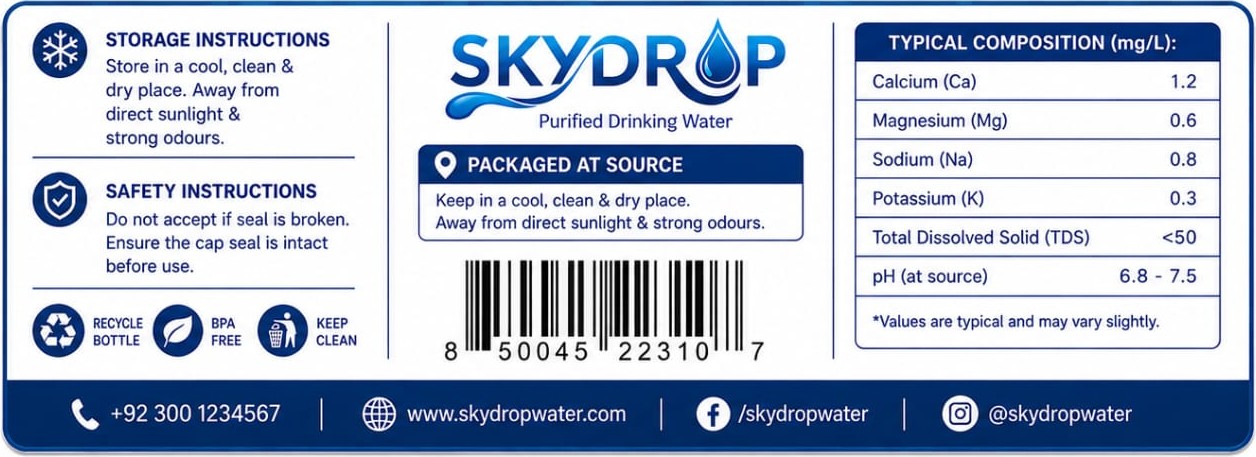Back of the SkyDrop label: storage and safety instructions, recycling and BPA-free marks, barcode, and a table of typical composition