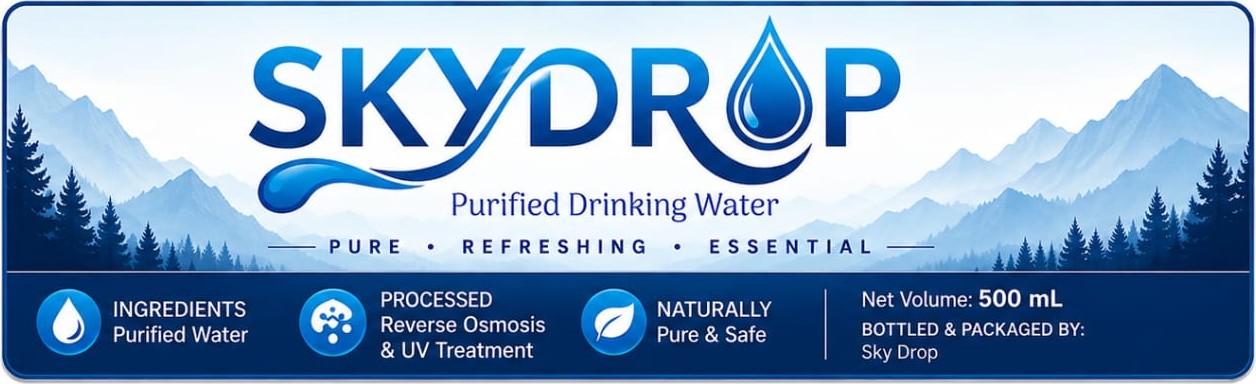 Front of the SkyDrop label: logo, the line Pure, Refreshing, Essential, ingredients listed as purified water, processing by reverse osmosis and UV treatment, and a net volume of 500 mL